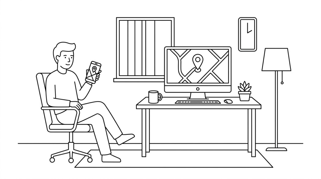 Black-and-white line illustration: a minimal Notion-style scene representing how to drop a pin on google maps (phone, web, and sharing it with friends).