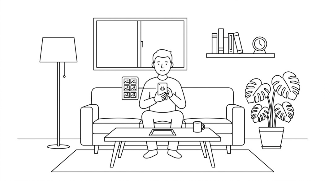 Black-and-white line illustration: a minimal Notion-style scene representing the best duplicate photo finder apps for android.