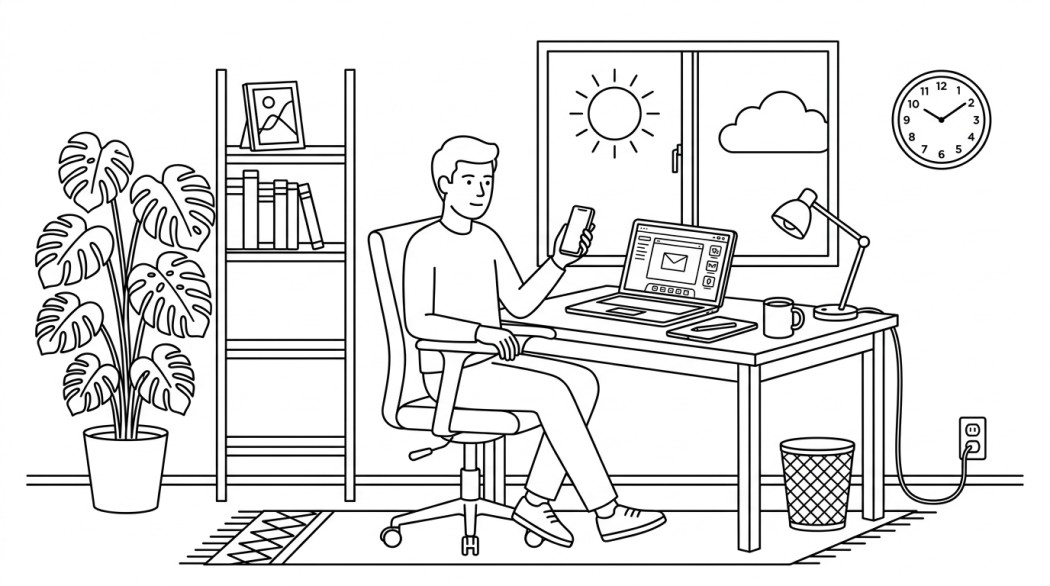 Black-and-white line illustration of ten Android email apps arranged as a minimal Notion-style scene.