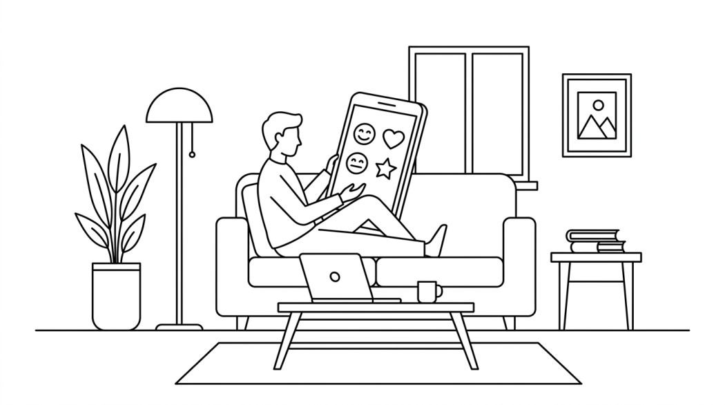 Black-and-white line illustration: a minimal Notion-style scene representing 10 best emoji keyboards for android.