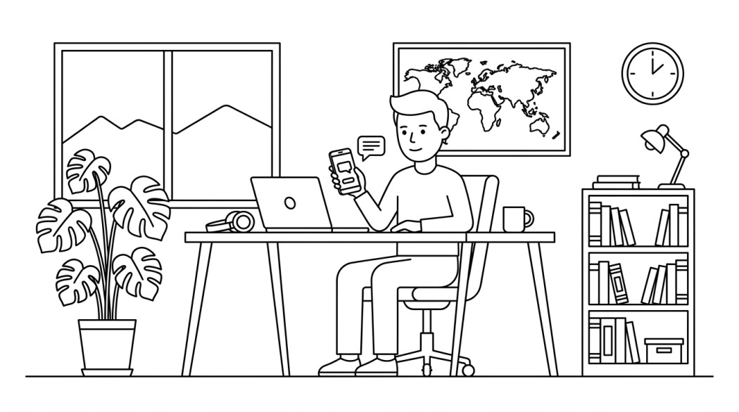 Black-and-white line illustration: a minimal Notion-style scene representing the best english learning apps for android (from beginner to fluent).