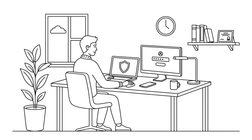 Black-and-white line illustration: a minimal Notion-style scene representing shield your digital workplace: the need for an enterprise-ready password manager.