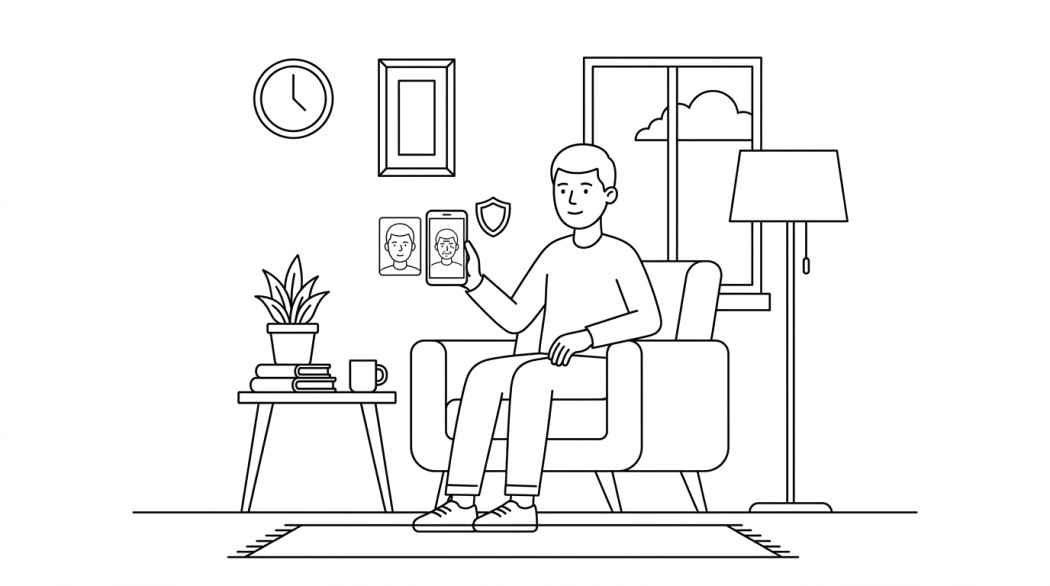 Black-and-white line illustration: a minimal Notion-style scene representing best face aging and progression apps for android (ai-powered, privacy-conscious).