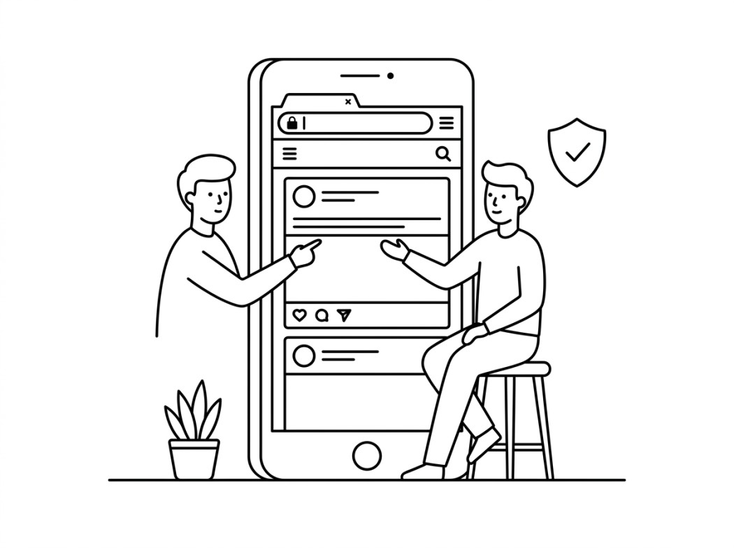 Black and white line illustration representing the mobile site in a private browser.