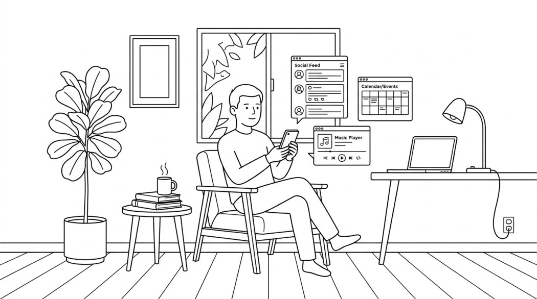 Black and white line illustration: a minimal Notion style scene representing using Facebook on Android with a lighter footprint.