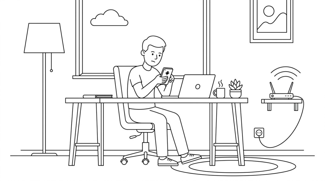 Black-and-white line illustration: a minimal Notion-style scene representing fix: facebook not loading properly on android (even when the internet works).