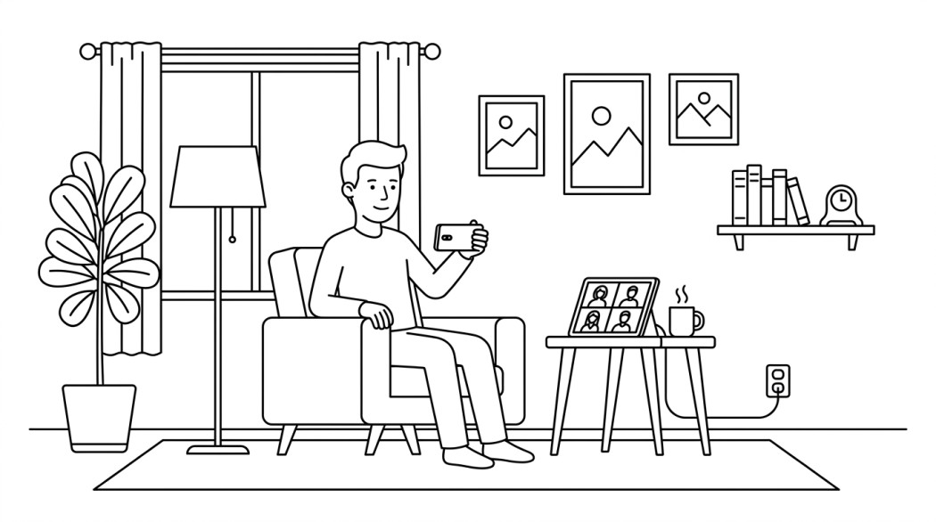 Black-and-white line illustration: a minimal Notion-style scene representing the best facetime alternatives for android.