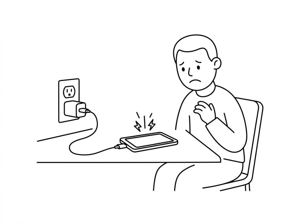 Black and white line illustration representing why a counterfeit charger is worth worrying about.