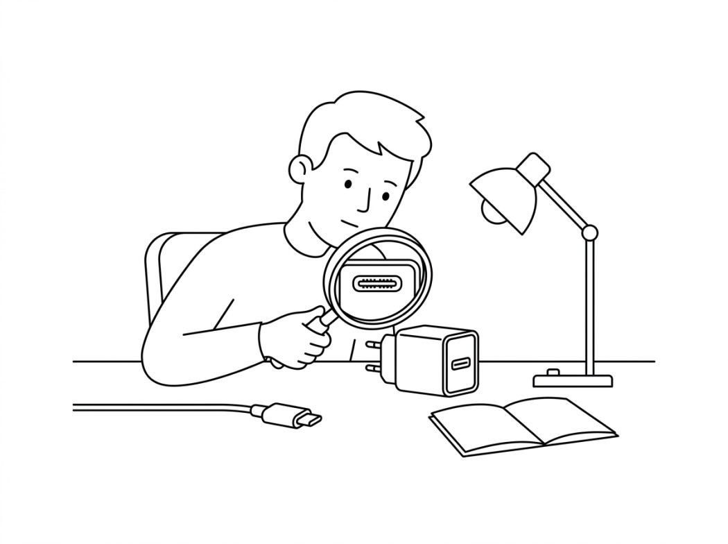 Black and white line illustration representing inspect the usb-c port and the casing.