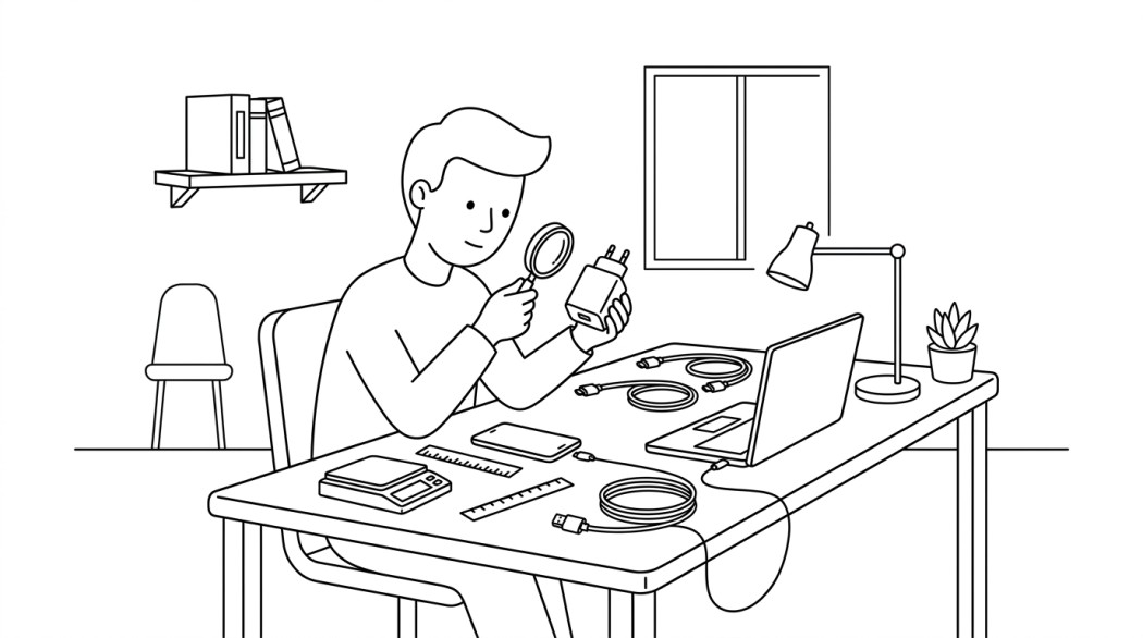 Black-and-white line illustration: a minimal Notion-style scene representing how to spot fake samsung chargers and usb-c cables (10 tests you can run at home).