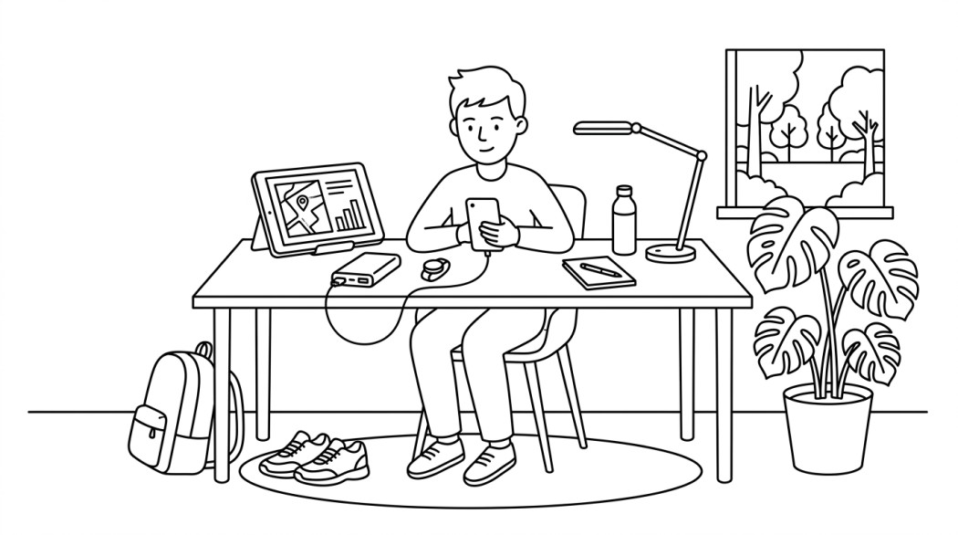 Black-and-white line illustration: a minimal Notion-style scene representing legitimate pokemon go efficiency tools in 2026 (not spoofing).