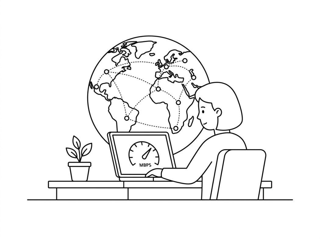 Black and white line illustration representing speed and server reach.