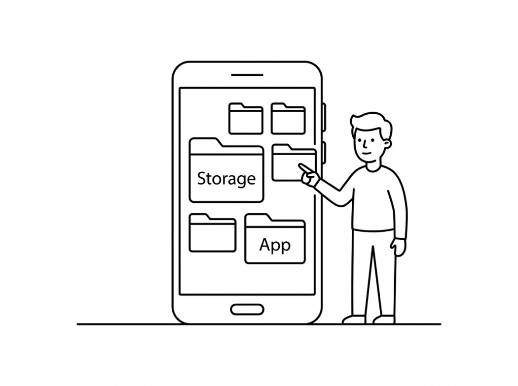 Black and white line illustration representing what changed with scoped storage.