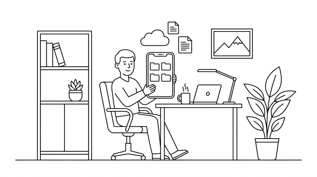 Black-and-white line illustration: a minimal Notion-style scene representing the best file manager apps for android.