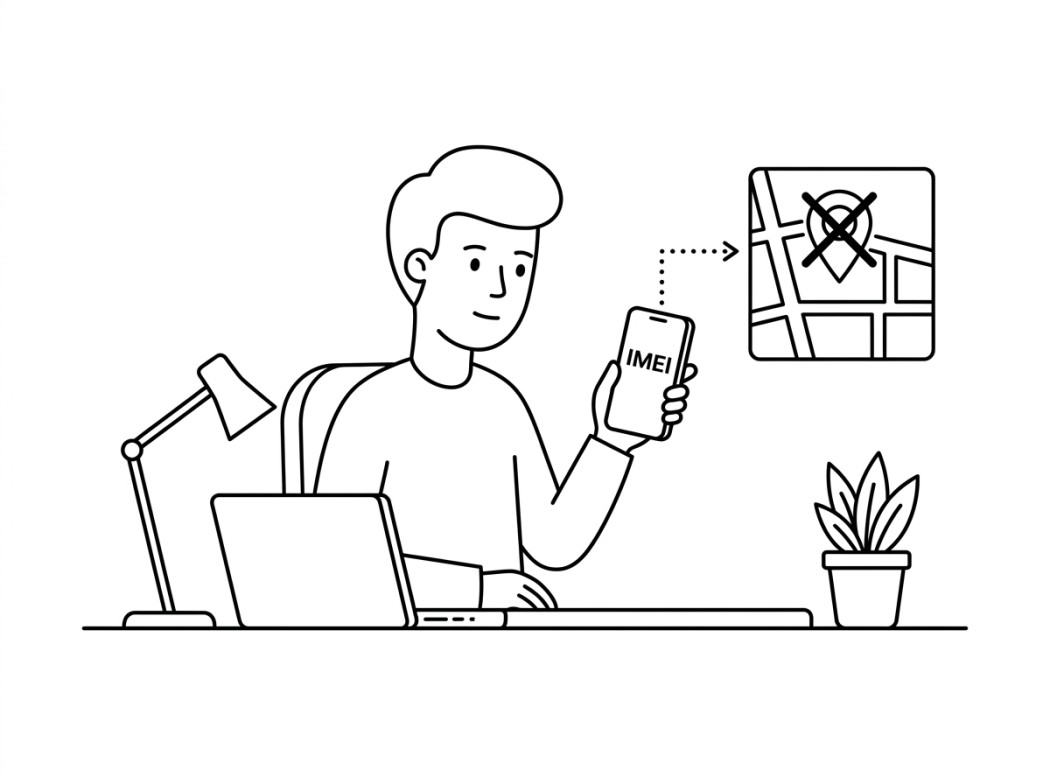 Black and white line illustration representing what the imei is, and the one thing it cannot do.