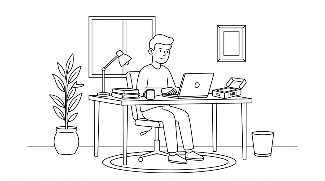 Black-and-white line illustration: a minimal Notion-style scene representing how to find your android imei number when the phone is lost.