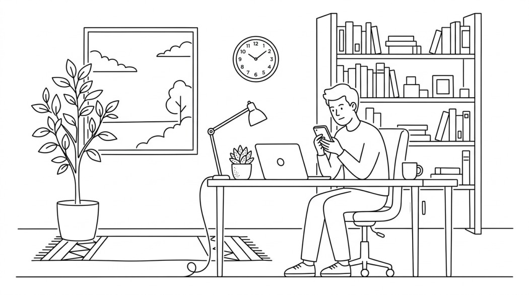 Black-and-white line illustration: a minimal Notion-style scene representing how to find someone on instagram by phone number (legitimate paths).