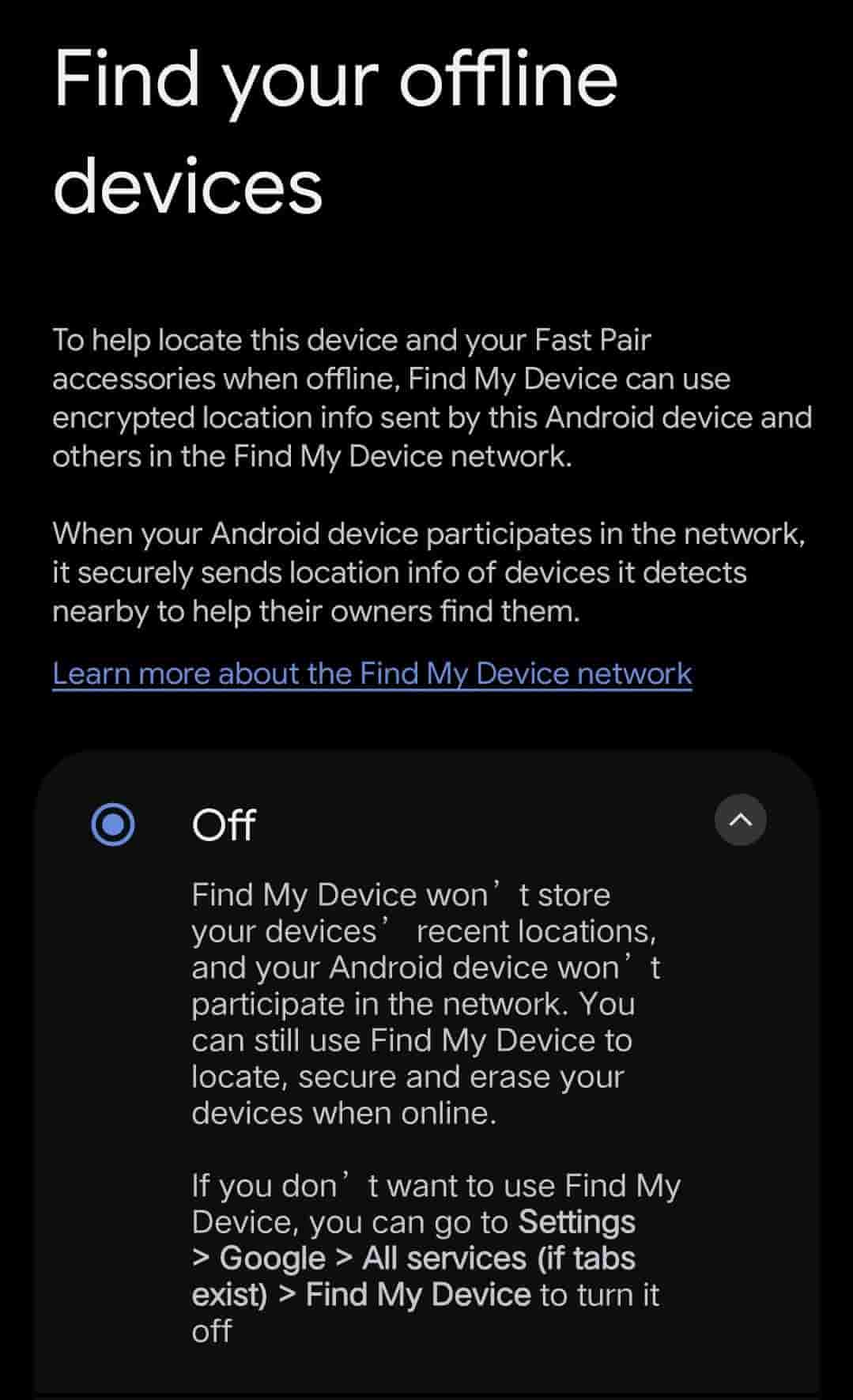 Find My Device offline finding screenshot