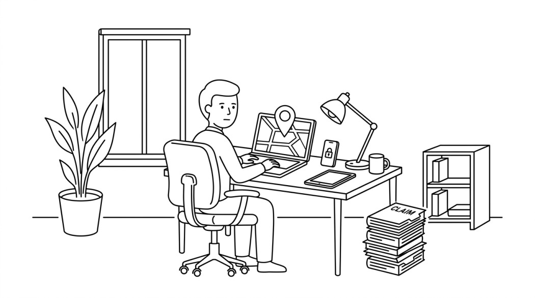 Black-and-white line illustration: a minimal Notion-style scene representing how to find a lost android phone: find hub, theft detection lock, insurance claims.