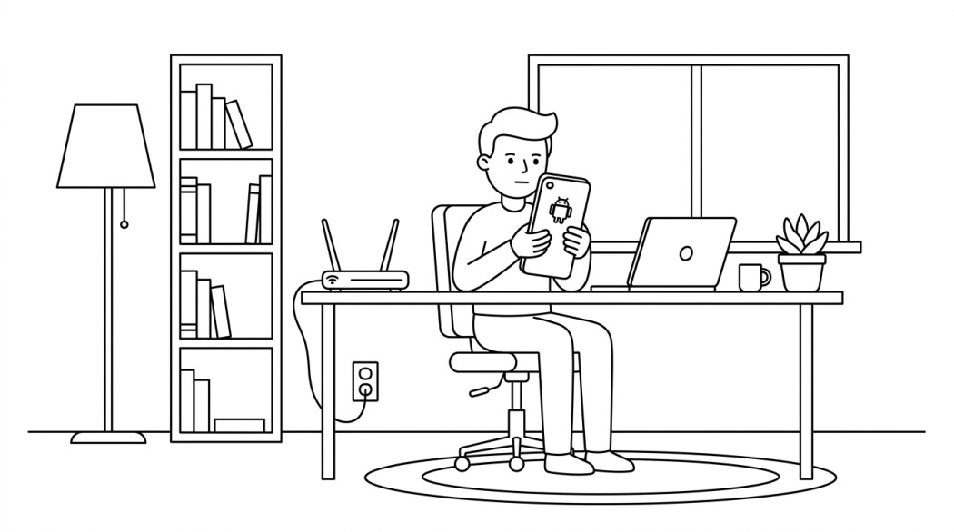 Black-and-white line illustration: a minimal Notion-style scene representing fix android connected to wifi but no internet (6 real solutions).