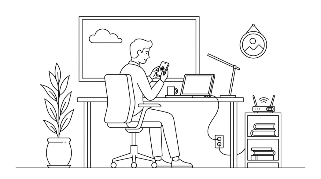 Line drawing of a man at a desk looking at his phone, a laptop and a router beside him