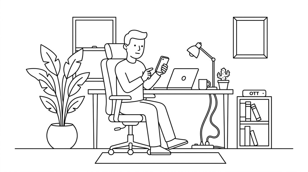 Black-and-white line illustration: a minimal Notion-style scene representing how to fix ‘com.android.phone has stopped’ on android.