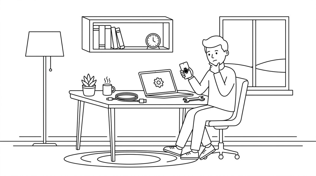 Black-and-white line illustration: a minimal Notion-style scene representing why the google app keeps crashing on android (and the fixes that actually work).