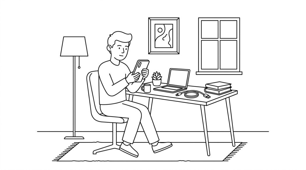 Black-and-white line illustration: a minimal Notion-style scene representing how to fix an android phone that keeps freezing.
