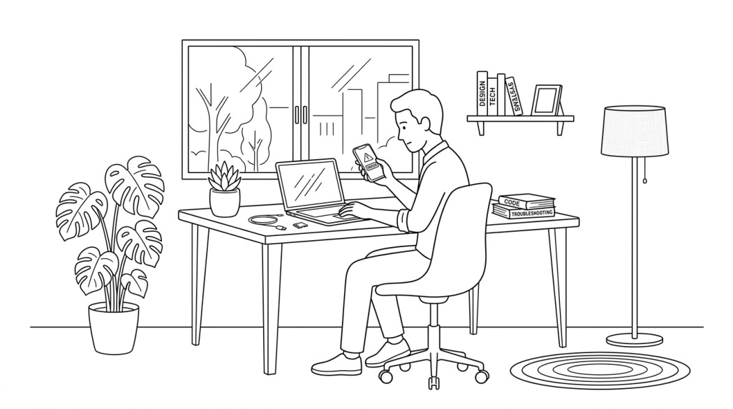 Black-and-white line illustration: a minimal Notion-style scene representing fix android.process.media keeps stopping on android.