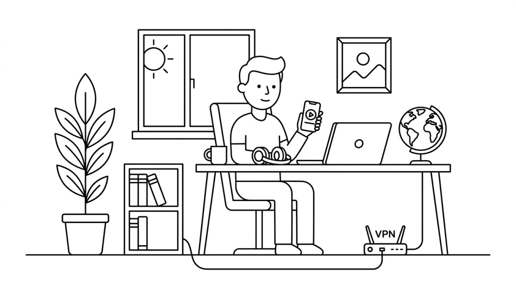 Black-and-white line illustration: a minimal Notion-style scene representing spotify country restrictions: where it works, how to use it.