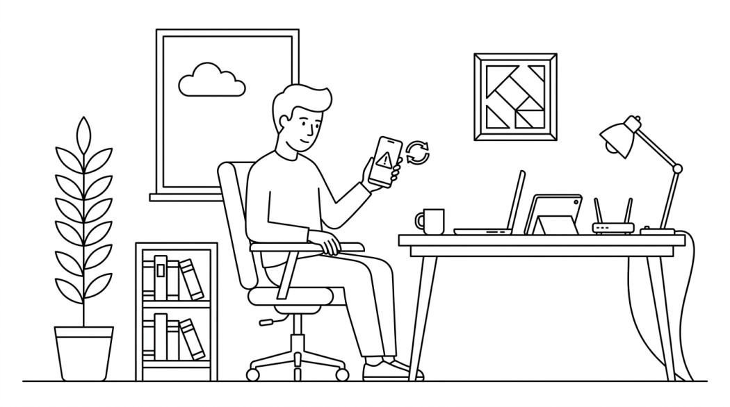 Black-and-white line illustration: a minimal Notion-style scene representing fix app will not run unless you update google play services.