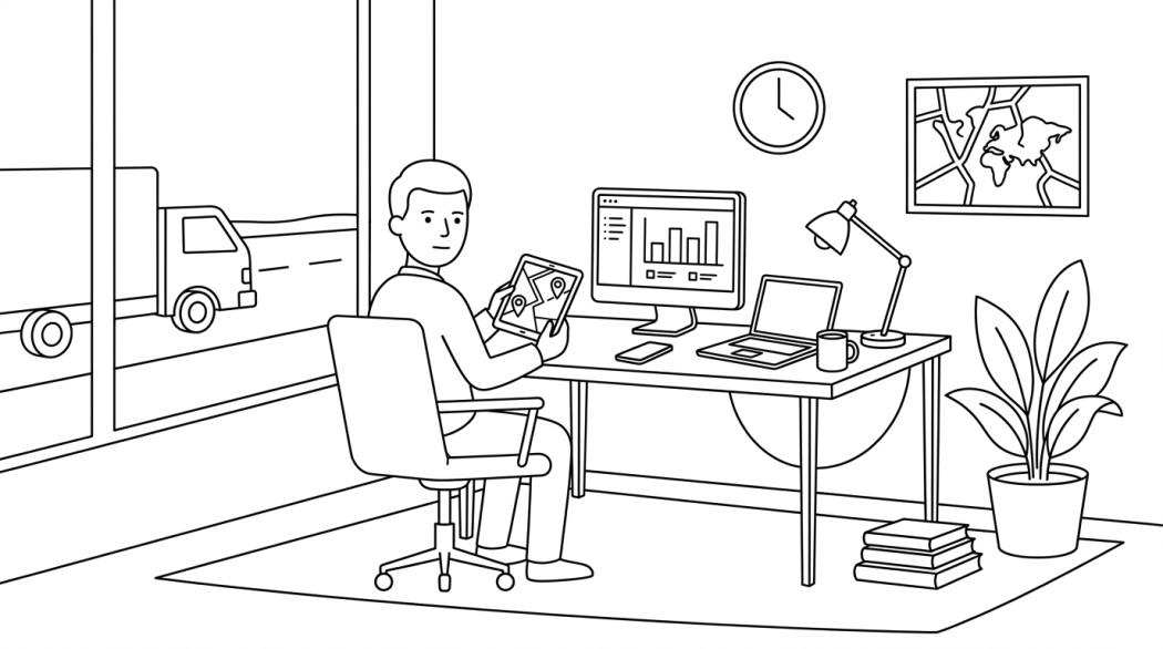 Black-and-white line illustration: a minimal Notion-style scene representing how android fleet management apps are improving business operations.