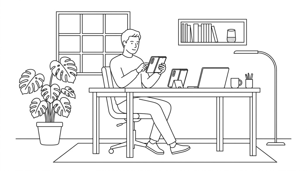 Black-and-white line illustration: a minimal Notion-style scene representing galaxy z fold 4: a three-year retrospective and whether to buy one today.