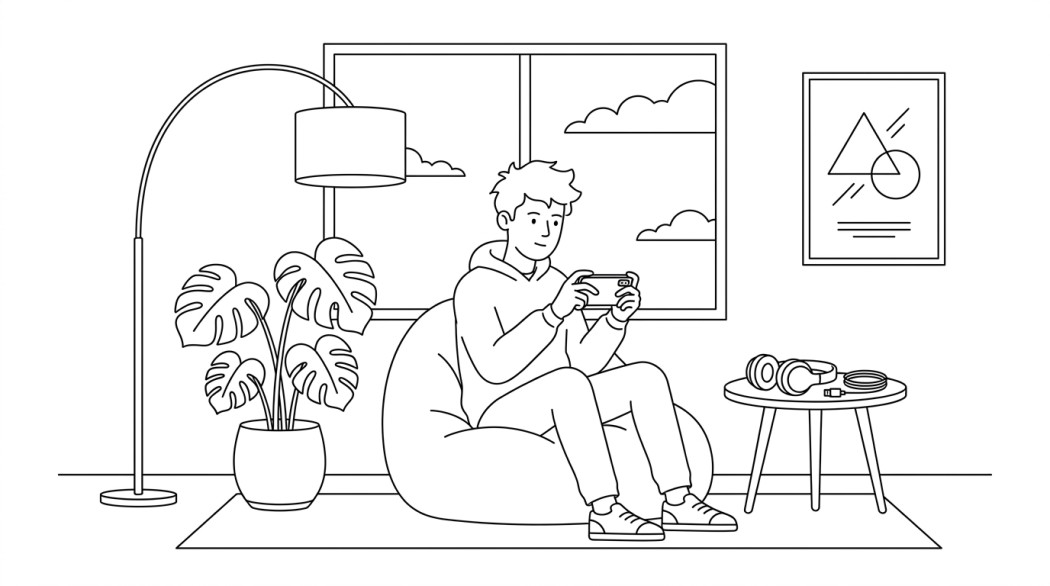 Black-and-white line illustration: a minimal Notion-style scene representing fortnite on android: legitimate tips and tricks to win more games.