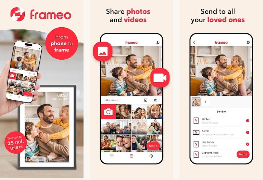 Frameo photo frame companion app screenshots on Android