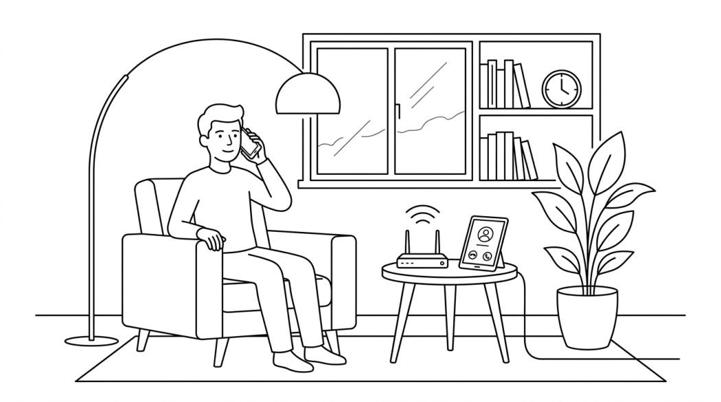 Black-and-white line illustration: a minimal Notion-style scene representing free calling apps on Android.