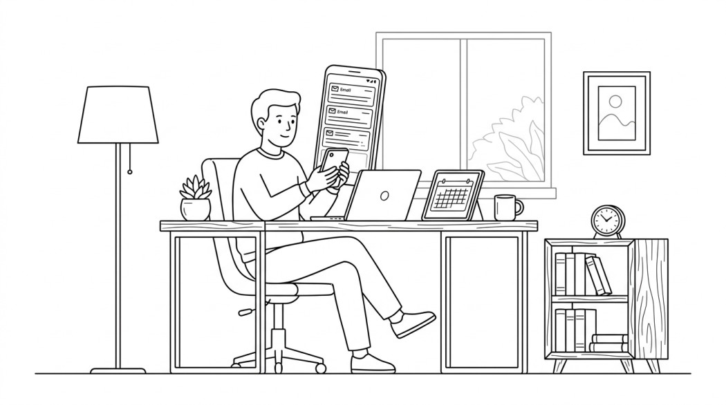 Black-and-white line illustration: a minimal Notion-style scene representing 10 best email widgets for android (gmail, outlook, spike, spark).