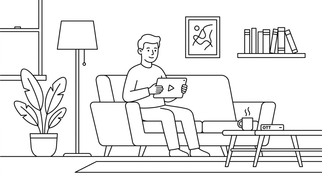 Black-and-white line illustration: a minimal Notion-style scene representing how to stream movies free and legally on android.