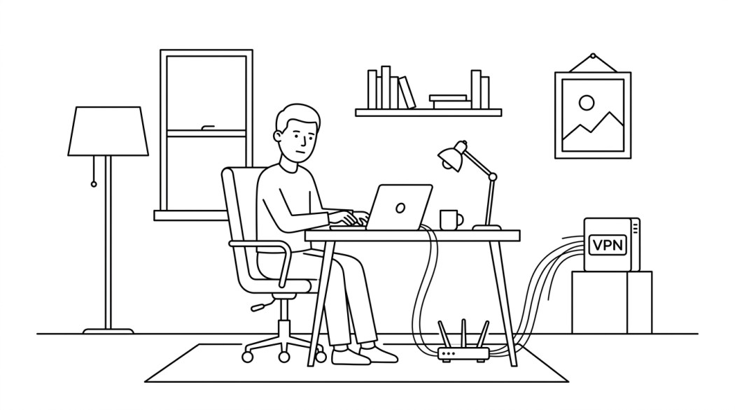 Black-and-white line illustration: a minimal Notion-style scene representing free vpn myths and truths: what free actually costs you.