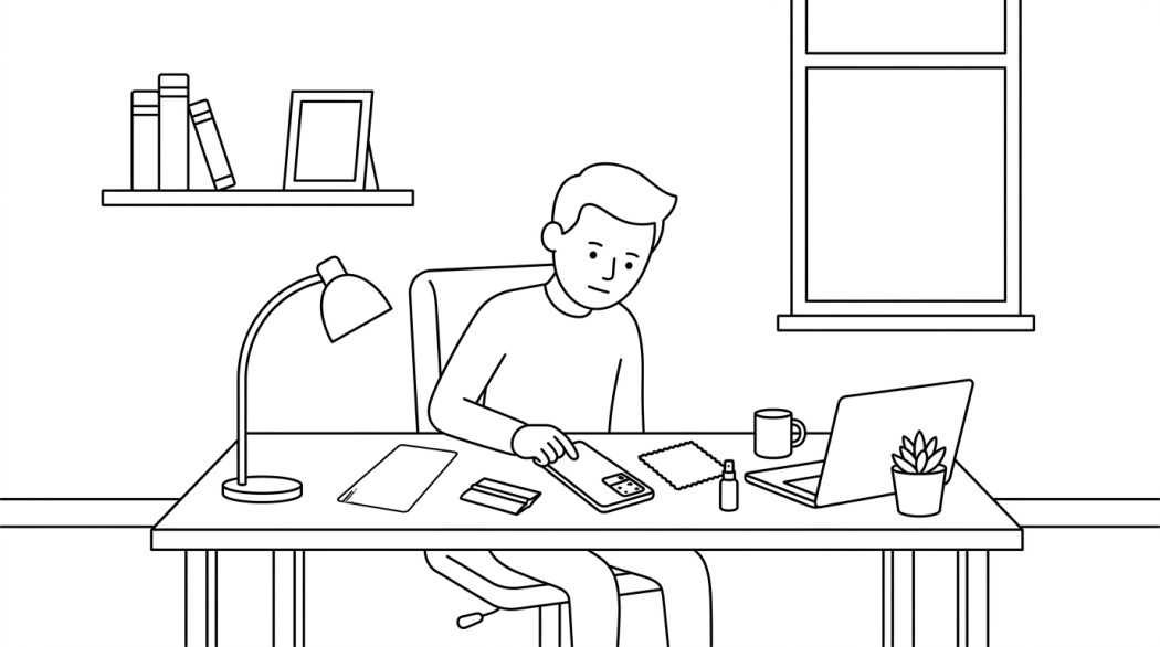 Black-and-white line illustration: a minimal Notion-style scene representing best screen protectors for the galaxy s20 ultra (retrospective for existing owners).