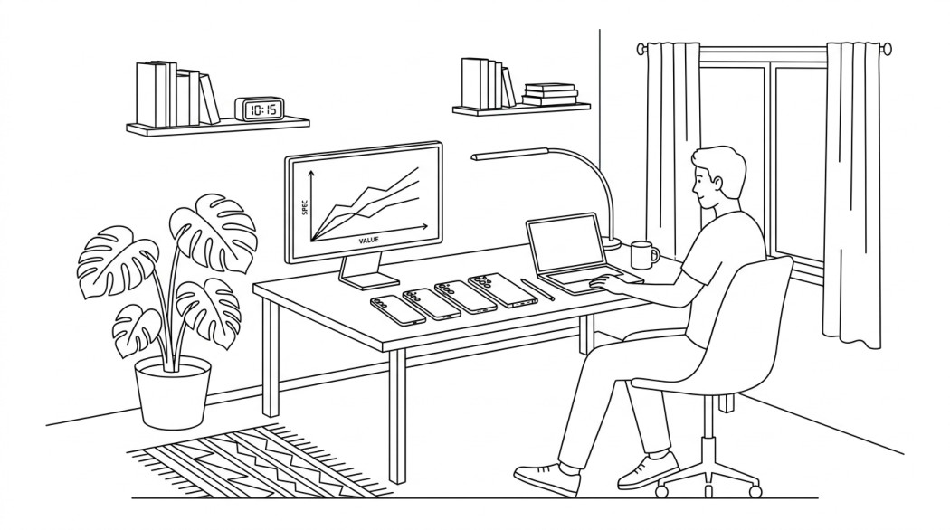 Black-and-white line illustration: a minimal Notion-style scene representing samsung galaxy s23 series specs: retrospective.