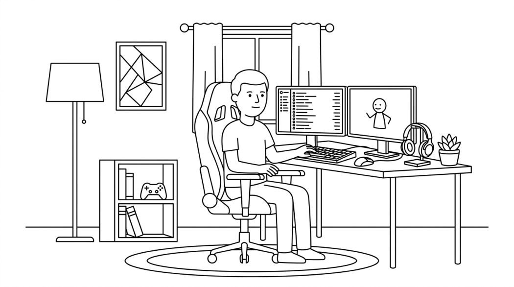 Black-and-white line illustration: a minimal Notion-style scene representing 1000+ gaming username ideas (cool, funny, epic, cross-platform).