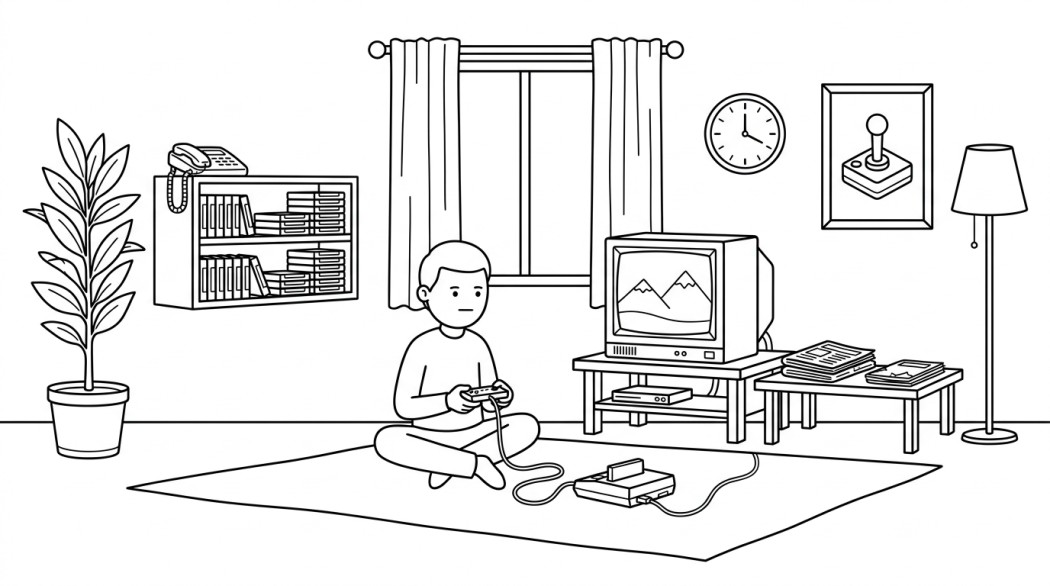 Black-and-white line illustration: a minimal Notion-style scene representing gaming news from past.