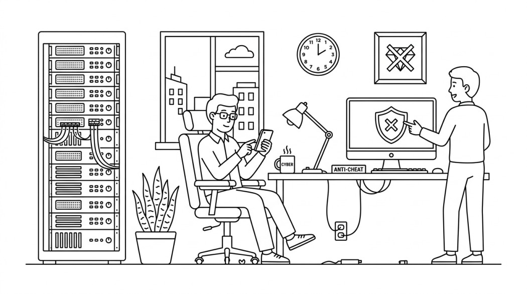 Black-and-white line illustration: a minimal Notion-style scene representing garena free fire: how the anti-cheat works (and why the diamond hacks don't).