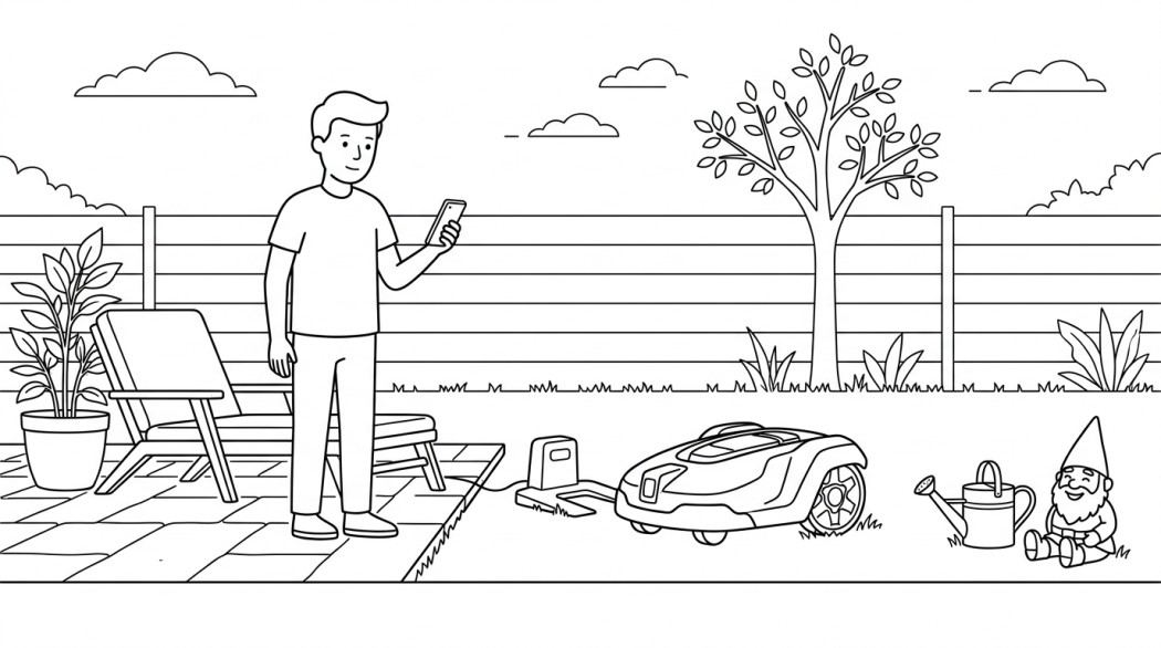 Black-and-white line illustration: a minimal Notion-style scene representing genie ai smart lawn mower review 2026: real or hype?.