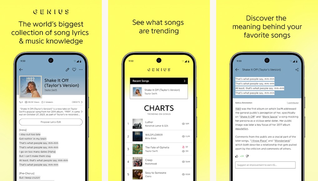 Genius (lyric-based recognition complement) screenshots on Android