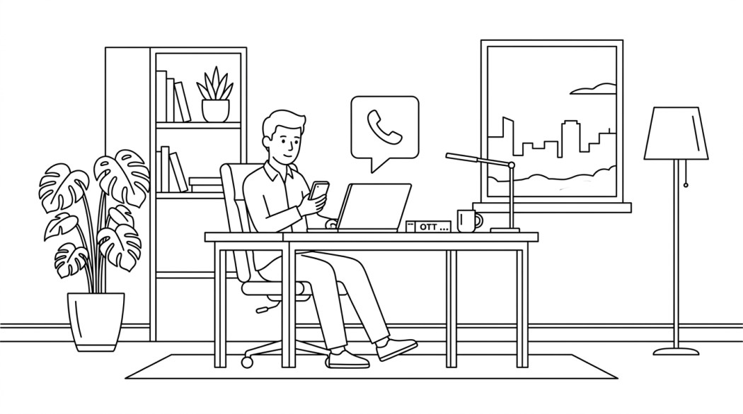 Black-and-white line illustration: a minimal Notion-style scene representing online phone-number services: what they are, their privacy trade-offs, and the cases where they work.