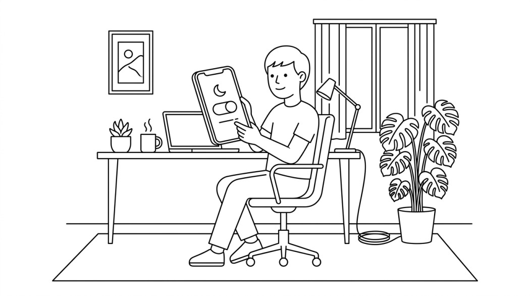 Black-and-white line illustration: a minimal Notion-style scene representing how to enable snapchat dark mode on android (official path, no hacks required).
