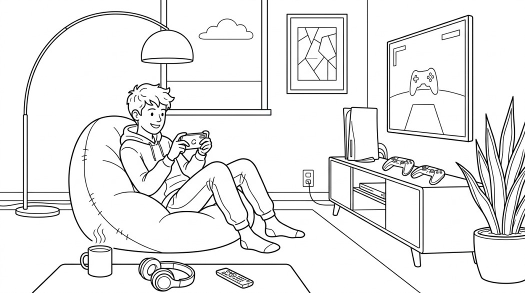 Black-and-white line illustration: a minimal Notion-style scene representing 5 android games so good they’re actively ruining consoles for you.