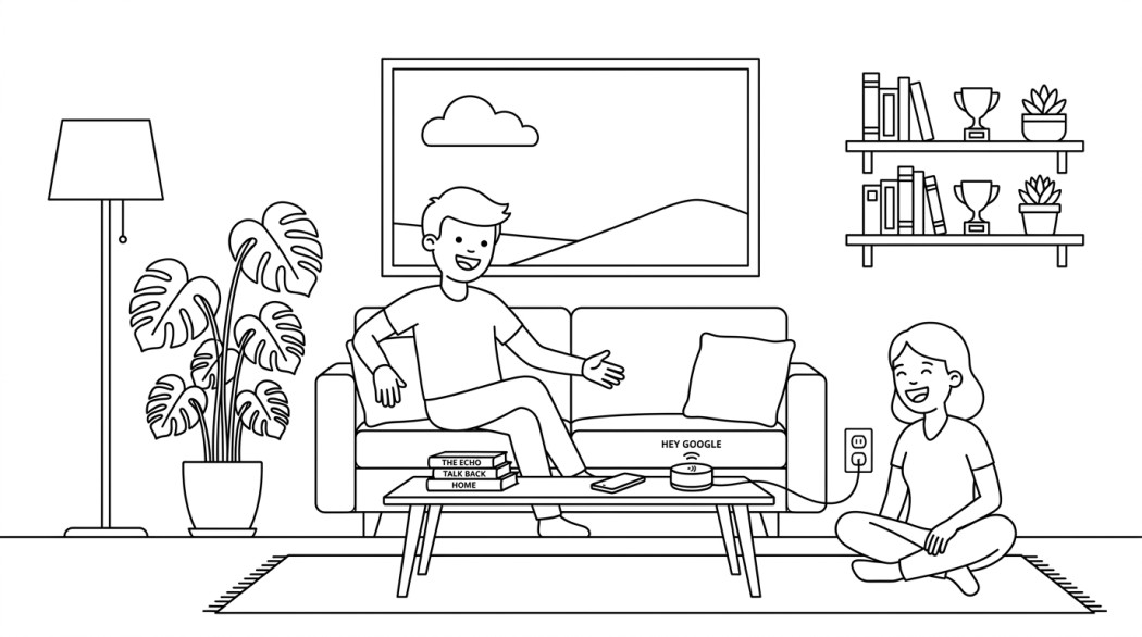 Black-and-white line illustration: a minimal Notion-style scene representing 100 google assistant commands to have fun.